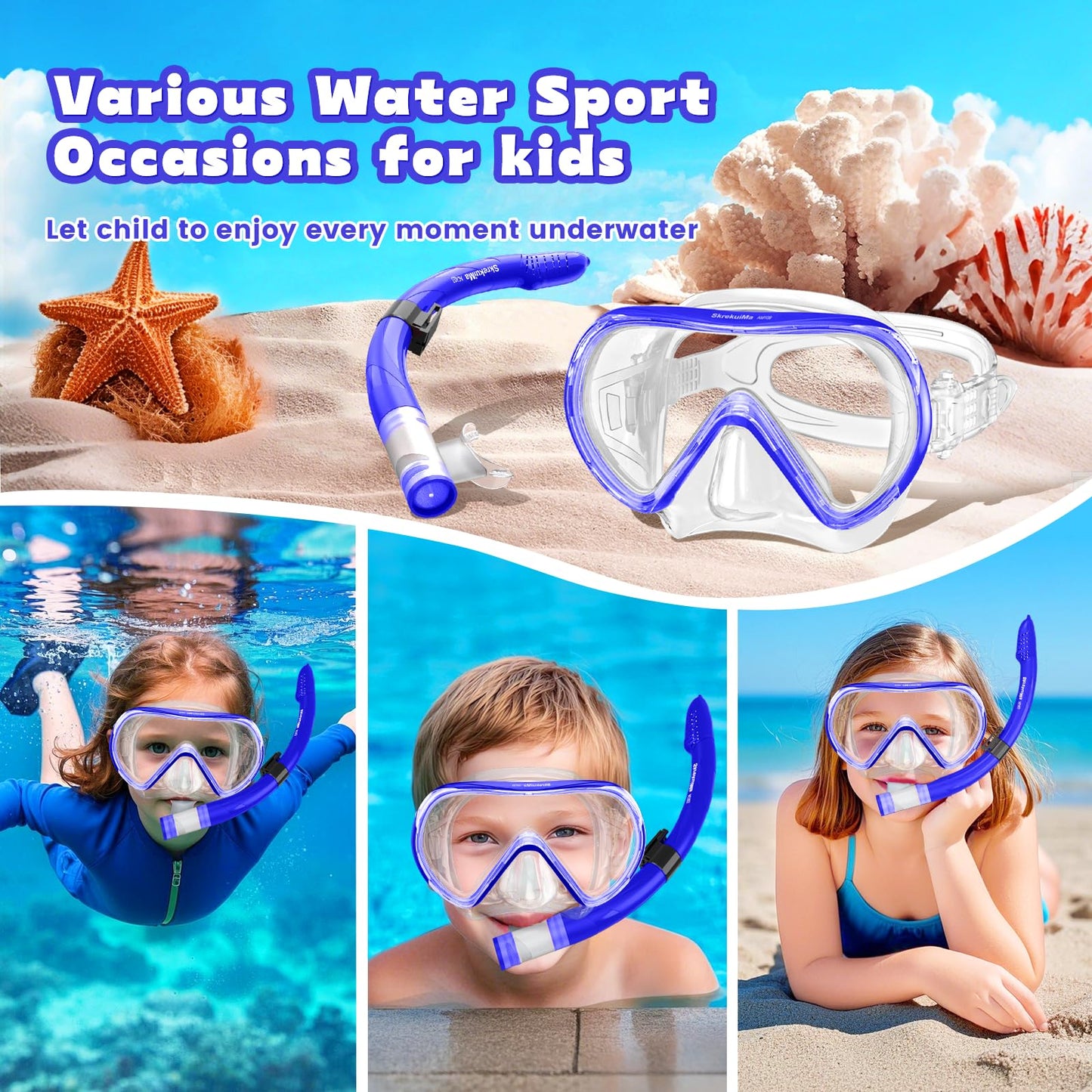 SkrekuiMa Taucherbrille Kinder | Schwimmbrille Kinder Schnorchelmaske Anti-Fog Anti-Leck | Tauchmaske Kinder 180°Panorama HD Tempered Glas für Kinder 4-12 Jahre Jungen Mädchen