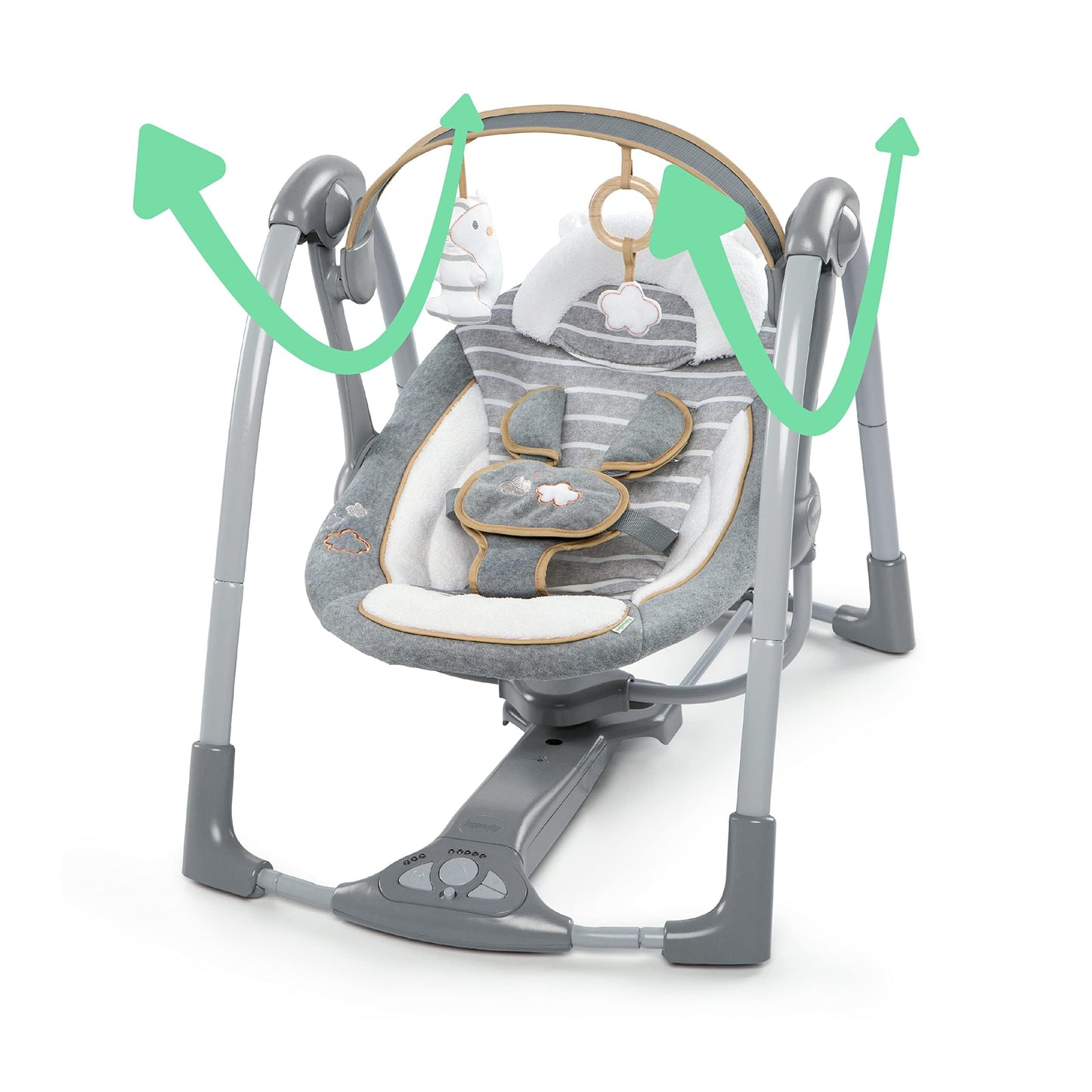 Ingenuity Hugs & Hoots zusammenklappbare & tragbare Babyschaukel, 5 Schaukelgeschwindigkeiten, 8 Melodien, 3 Naturgeräusche, Lautstärkeregulierung und Spielzeugbügel, ab der Geburt bis 9kg