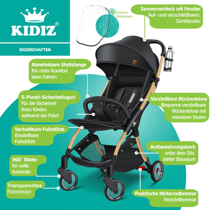 KIDIZ® Folding Pushchair, Sports Pram, 360° Wheels, 5-Point Harness, incl. Drinks Holder, Rain Cover, Adjustable Backrest and Sun Canopy, Red