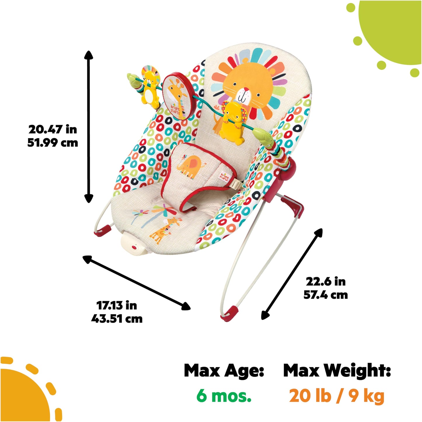 Bright Starts, Babywippe Babyschaukel Safari Fun mit Beruhigenden Vibrationen, Spielbogen mit 2 Spielzeugen, 3-Punkte-Gurt Sitz, Maschinenwaschbares Sitzpolster, ab der Geburt bis 9kg