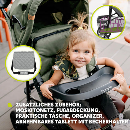 LIONELO Emma Plus Kinderwagen bis zu 15 kg, Kindersportwagen, leicht modern klein Buggy mit Liegeposition, zusammenklappbar, große Räder, großer Korb, Tasche Stone