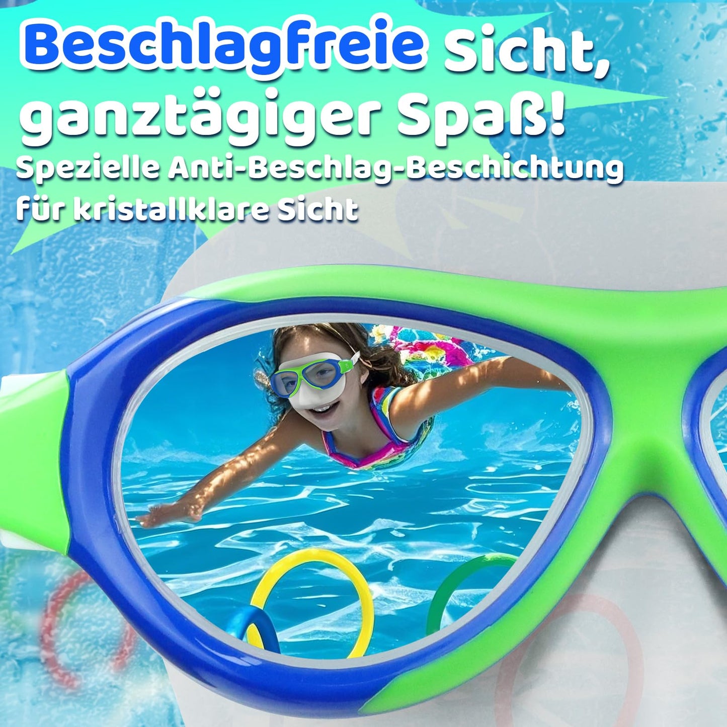 Vvinca Swimming Goggles for Kids with Nose Guard and Fabric Strap, Shatterproof, Anti-Fog and Waterproof for Children 3-14 Years