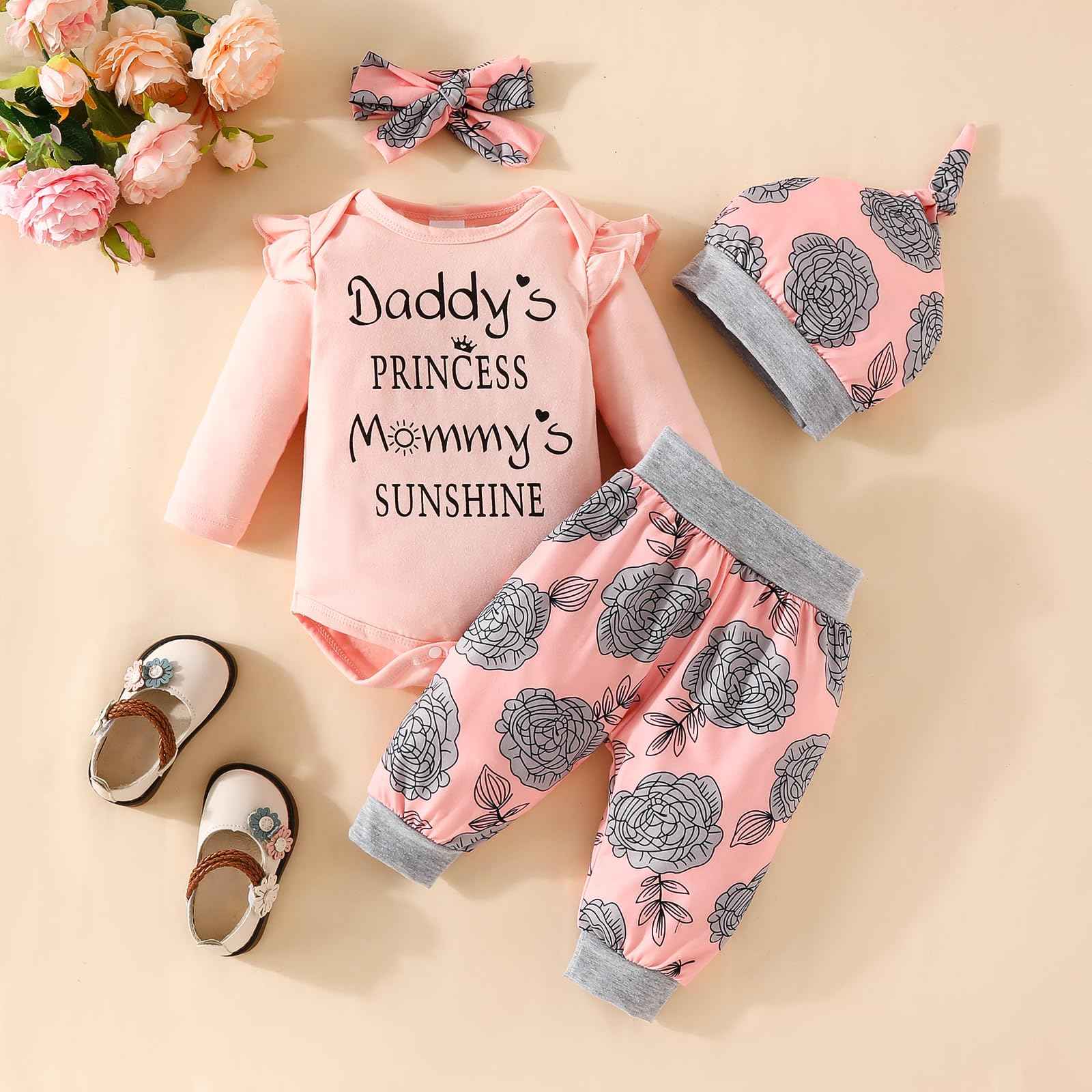 UUAISSO Neugeborenes Baby Mädchen Kleidung Papas Mädchen Langarm Tops Blumenhosen Sets Stirnband Säuglingsmädchen Herbst Outfits