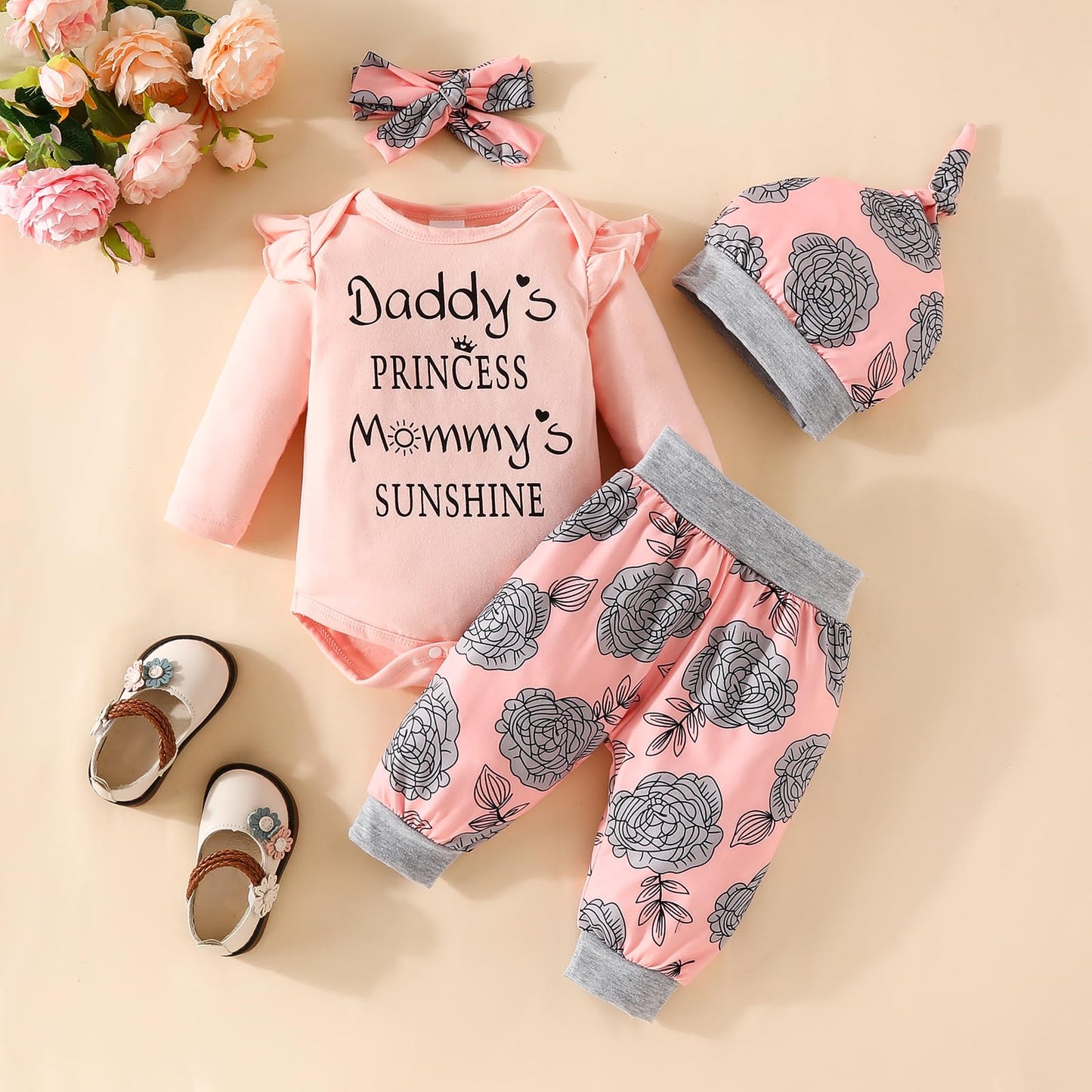 Neugeborenes Baby Mädchen Kleidung Papas Mädchen Langarm Tops Blumenhosen Sets Stirnband Säuglingsmädchen Herbst Outfits