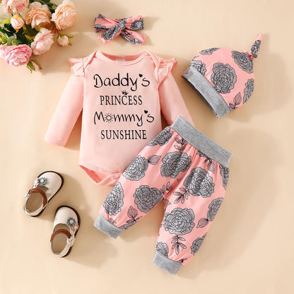 Neugeborenes Baby Mädchen Kleidung Papas Mädchen Langarm Tops Blumenhosen Sets Stirnband Säuglingsmädchen Herbst Outfits