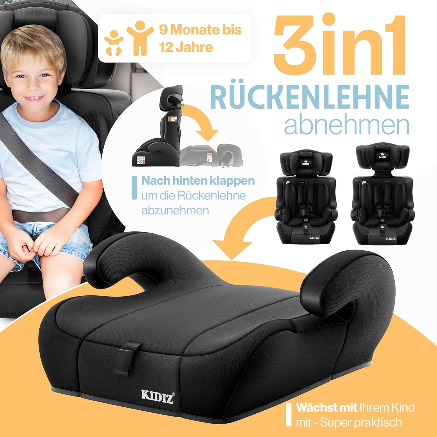 Autokindersitz mit Isofix i-Size R129 100-150cm bis 12 Jahre, Kinderautositz Gruppe 1/2/3, mitwachsender Kindersitz, 5-Punkt-Gurt & höhenverstellbare Kopfstütze, Sitzerhöhung Auto, Schwarz