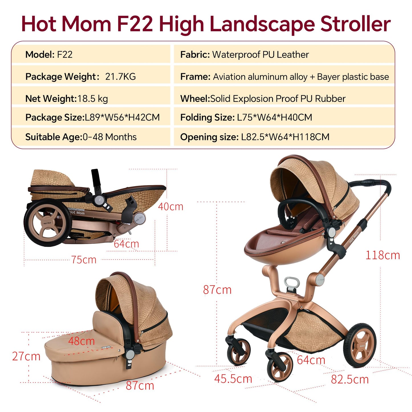 Hot Mom Kinderwagen 3in1 Set Klassik Kombikinderwagen, Modell F22 mit Alu-Rahmen/Vollgummireifen (Schwarz)