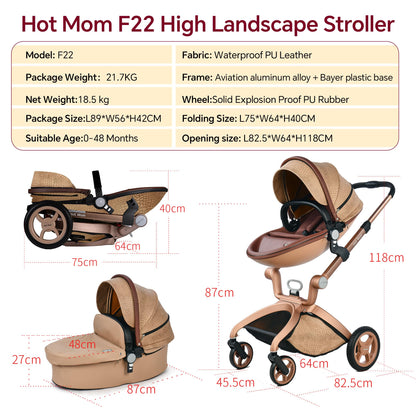 Hot Mom Kinderwagen 3in1 Set Klassik Kombikinderwagen, Modell F22 mit Alu-Rahmen/Vollgummireifen (Schwarz)