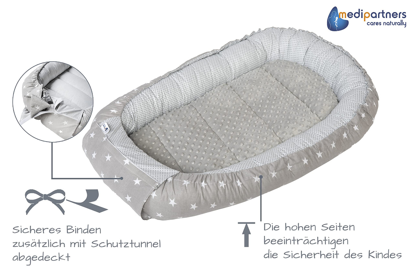 Medi Partners Babynestchen Babynest Set 100x60x15 Kuschelnest 5 teilig herausnehmbarer Einsatz Kokon Nestchen Babys Neugeborene 100% Baumwolle (REH mit Grauem Minky)