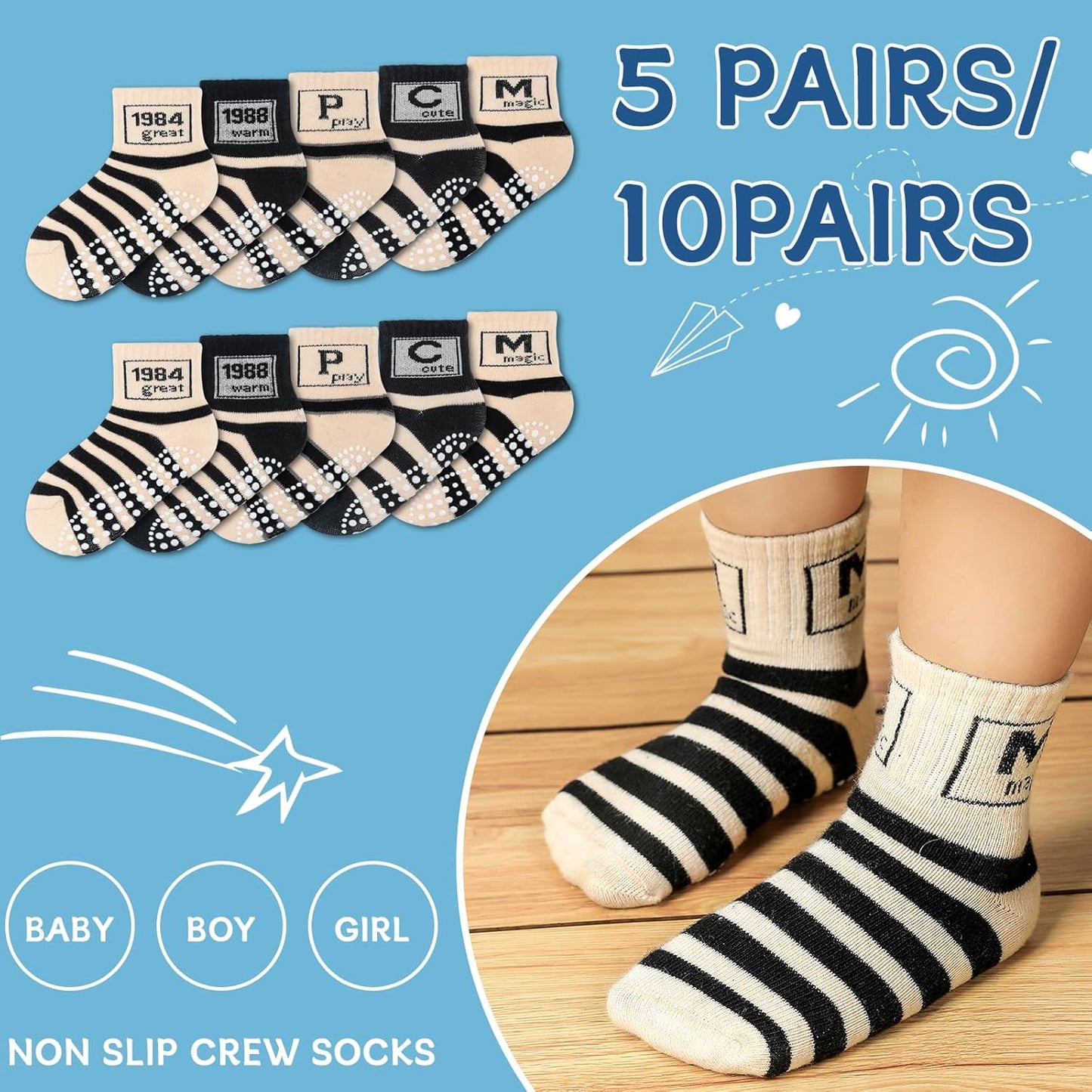 KOWAYI Stoppersocken Kinder 5/10 Paar ABS Rutschsocken Kinder Jungen, Mädchen, Baby Antirutschsocken 1-7 Jahre Grip Socken