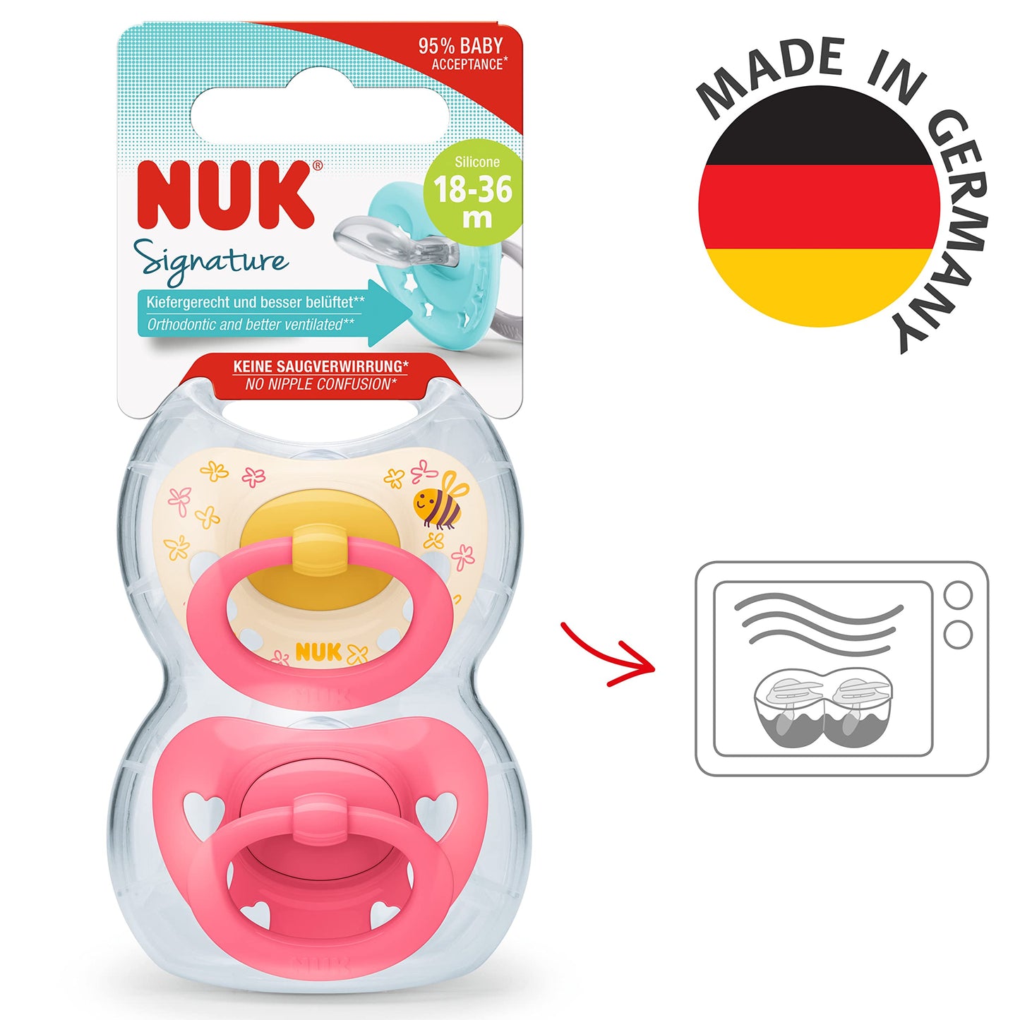 NUK Signature Baby Pacifier | 0-6 Months | Soothes 95% of Babies | BPA Free Silicone Heart-Shaped Pacifier | With Case | Green Stars | Pack of 2