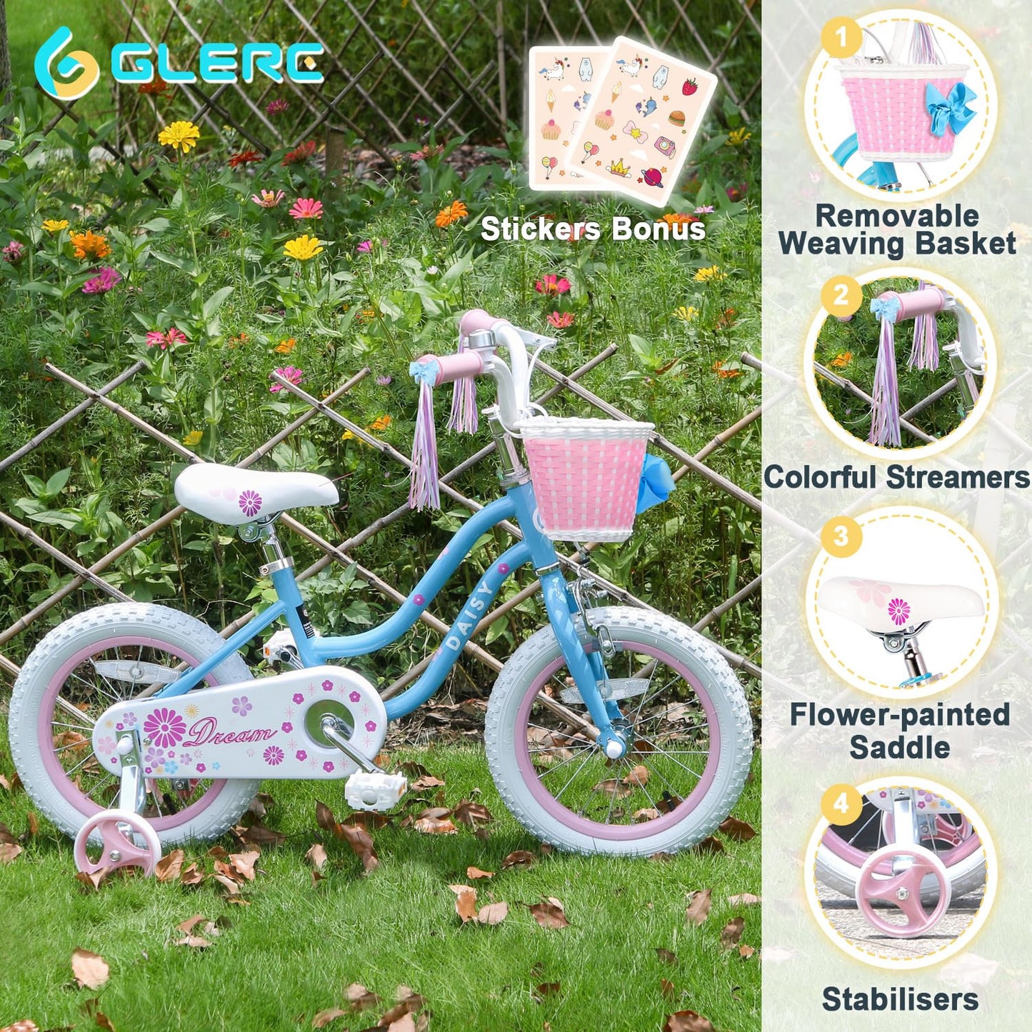 Glerc Kinderfahrrad 12/14/16 Zoll für 2-7 Jahre Mädchen Fahrrad mit Korb, Luftschlangen, Stützräder und Glocke - Meloni2