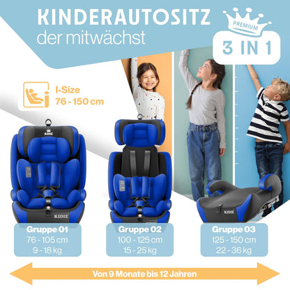 Autokindersitz mit Isofix i-Size R129 100-150cm bis 12 Jahre, Kinderautositz Gruppe 1/2/3, mitwachsender Kindersitz, 5-Punkt-Gurt & höhenverstellbare Kopfstütze, Sitzerhöhung Auto, Schwarz