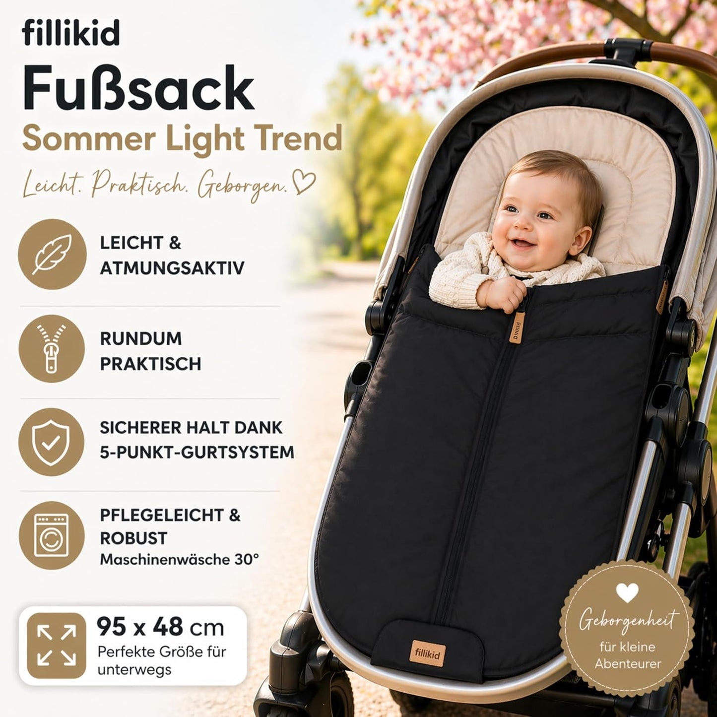 Babyfußsack Light Trend Exklusiv, 95x48cm | Leichter Sommer-Fußsack für Kinderwagen, Buggy & Sportwagen, Vorderteil abnehmbar, pflegeleicht