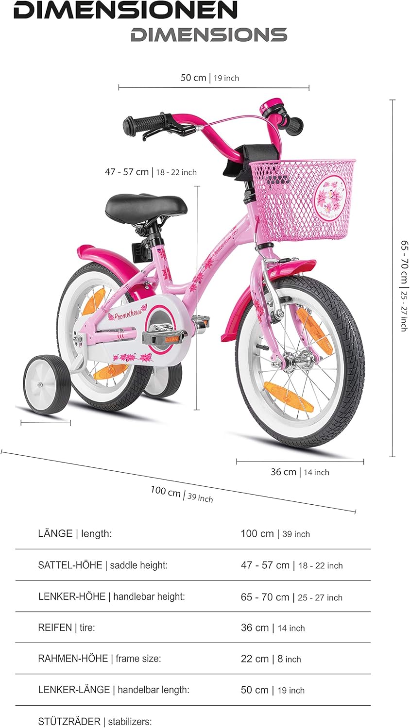 PROMETHEUS BICYCLES Kinderfahrrad ab 4 Jahren - Mädchenfahrrad 14 Zoll Kinder Fahrrad Mädchen Fahrrad Kinder mit Stützräder Rücktrittbremse in Rosa - Meloni2