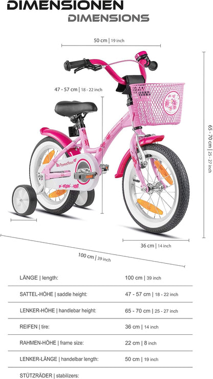 PROMETHEUS BICYCLES Kinderfahrrad ab 4 Jahren - Mädchenfahrrad 14 Zoll Kinder Fahrrad Mädchen Fahrrad Kinder mit Stützräder Rücktrittbremse in Rosa - Meloni2