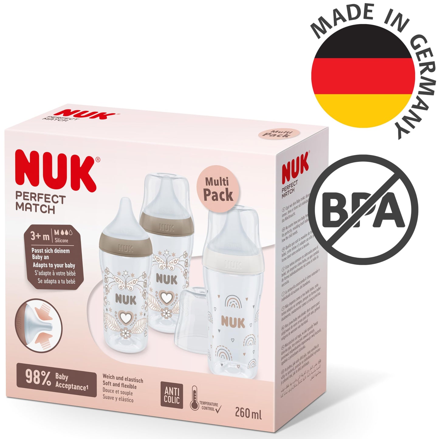 NUK Perfect Match Babyflaschenset | Ab 3 Monate | Passt sich dem Baby an | Temperature Control | Anti-Colic | 260 ml | BPA-frei | Silikontrinksauger, Medium | Regenbogen und Herz | 3 Stück - Meloni2