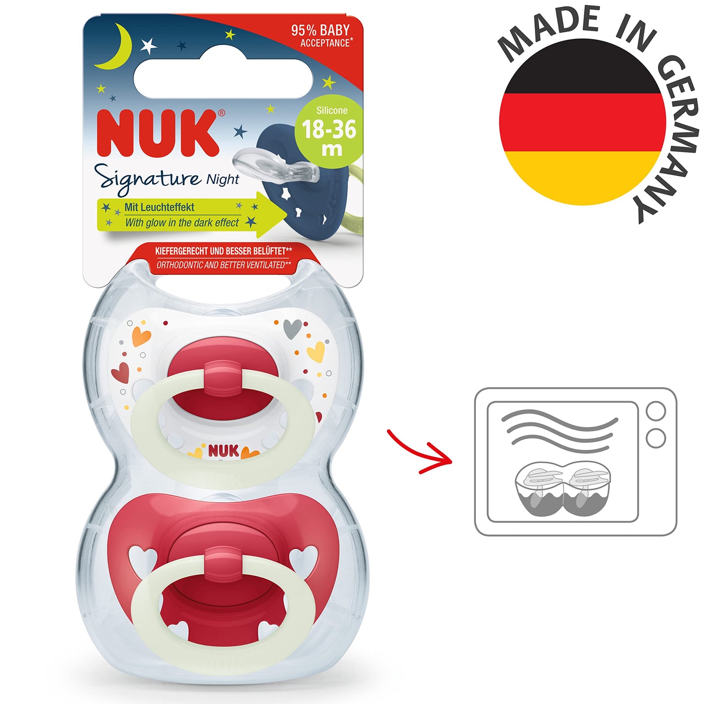 NUK Signature Baby Pacifier | 0-6 Months | Soothes 95% of Babies | BPA Free Silicone Heart-Shaped Pacifier | With Case | Green Stars | Pack of 2