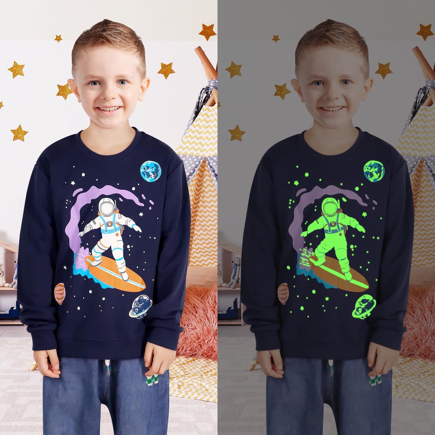 FILOWA Sweatshirt Kinder Junge Leuchtet im Dunkeln Dinosaurier Sweatshirt Astronauten Drucken Pullover Sport Marineblau Langarm Warm Baumwolle Top Jogging Sweatshirt 2-7 Jahre,Gr.92-122