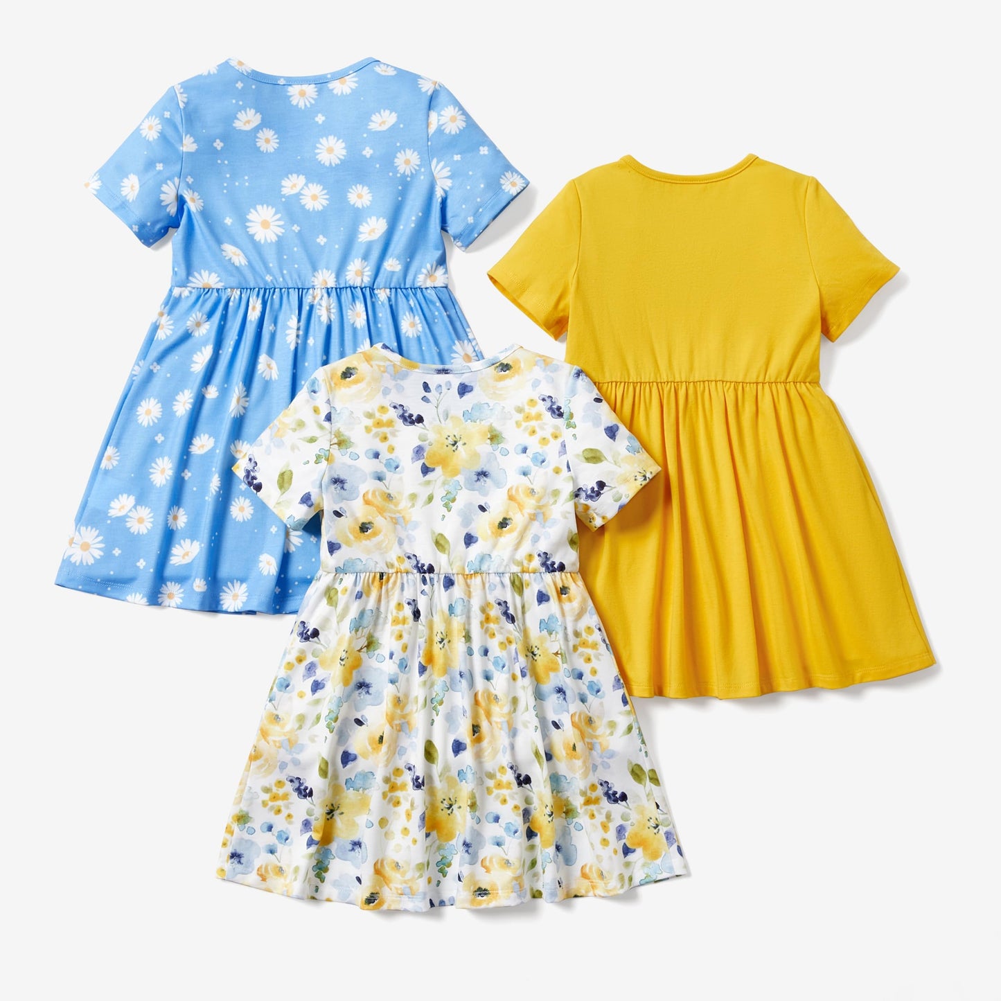 PATPAT Mädchen Kleid Set, Packung mit 3 Sommerkleider mit Kurzen Ärmeln und Rüschen in 3 verschiedenen Prints, Hochzeit Geburtstag Party Bankett Urlaub, Prinzessin Kleider für Mädchen 2-7 Jahre