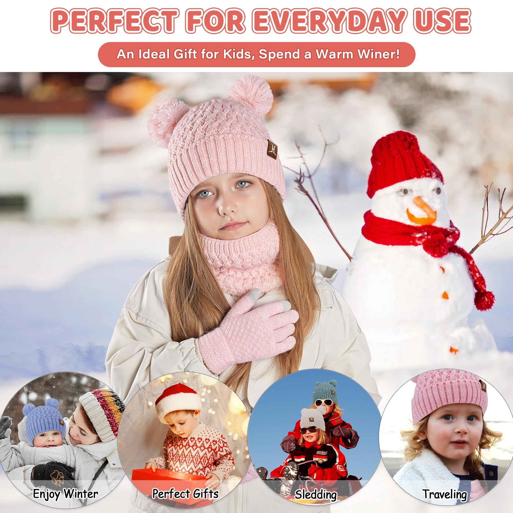Children's Winter Hat Loop Scarf Touchscreen Gloves Set 2 3 4 5 6 7 Years Toddler Winter Hat Beanie Tube Scarf Knitted Pom Hats Gift Girls Boys