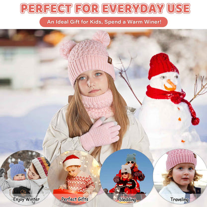 Children's Winter Hat Loop Scarf Touchscreen Gloves Set 2 3 4 5 6 7 Years Toddler Winter Hat Beanie Tube Scarf Knitted Pom Hats Gift Girls Boys