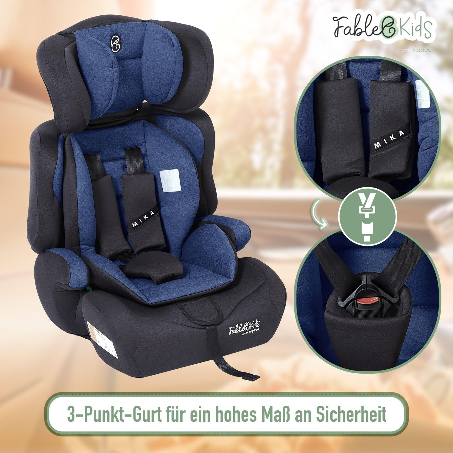 FableKids Kinderautositz 9-36 kg | 3-Punkt-Sicherheitsgurt | Autokindersitz ab 15 M. | Autositz für Kinder 76-150 cm | Kindersitz einstellbare Kopfstütze ECE R129/03 | Verstellbar | Schwarz