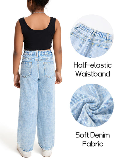 Happy Cherry Mädchen Jean Hosen Loch Wash Denim Blau Hose Kinder Elastische Taille Vintage Jeans Weites Bein Jeanshosen 130-160