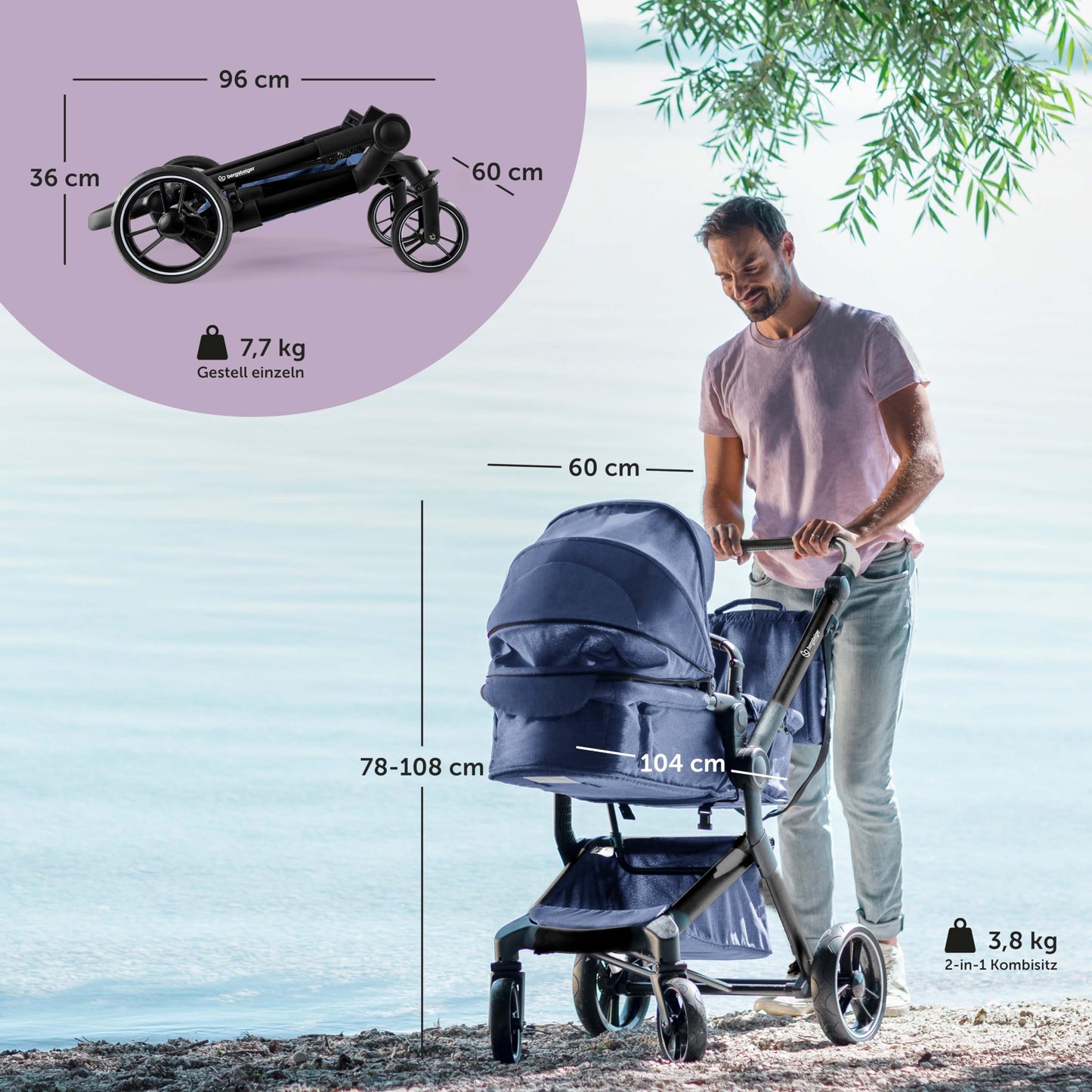 Bergsteiger Lugo 3-in-1 Pushchair Complete Set Including Accessories - Baby Seat, Buggy Attachment, Sun Protection & Weather Footmuff | Isofix Station Available