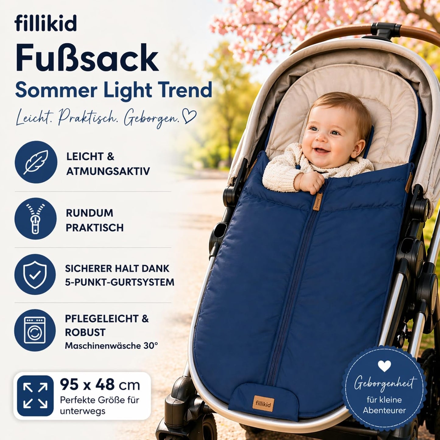 Babyfußsack Light Trend Exklusiv, 95x48cm | Leichter Sommer-Fußsack für Kinderwagen, Buggy & Sportwagen, Vorderteil abnehmbar, pflegeleicht