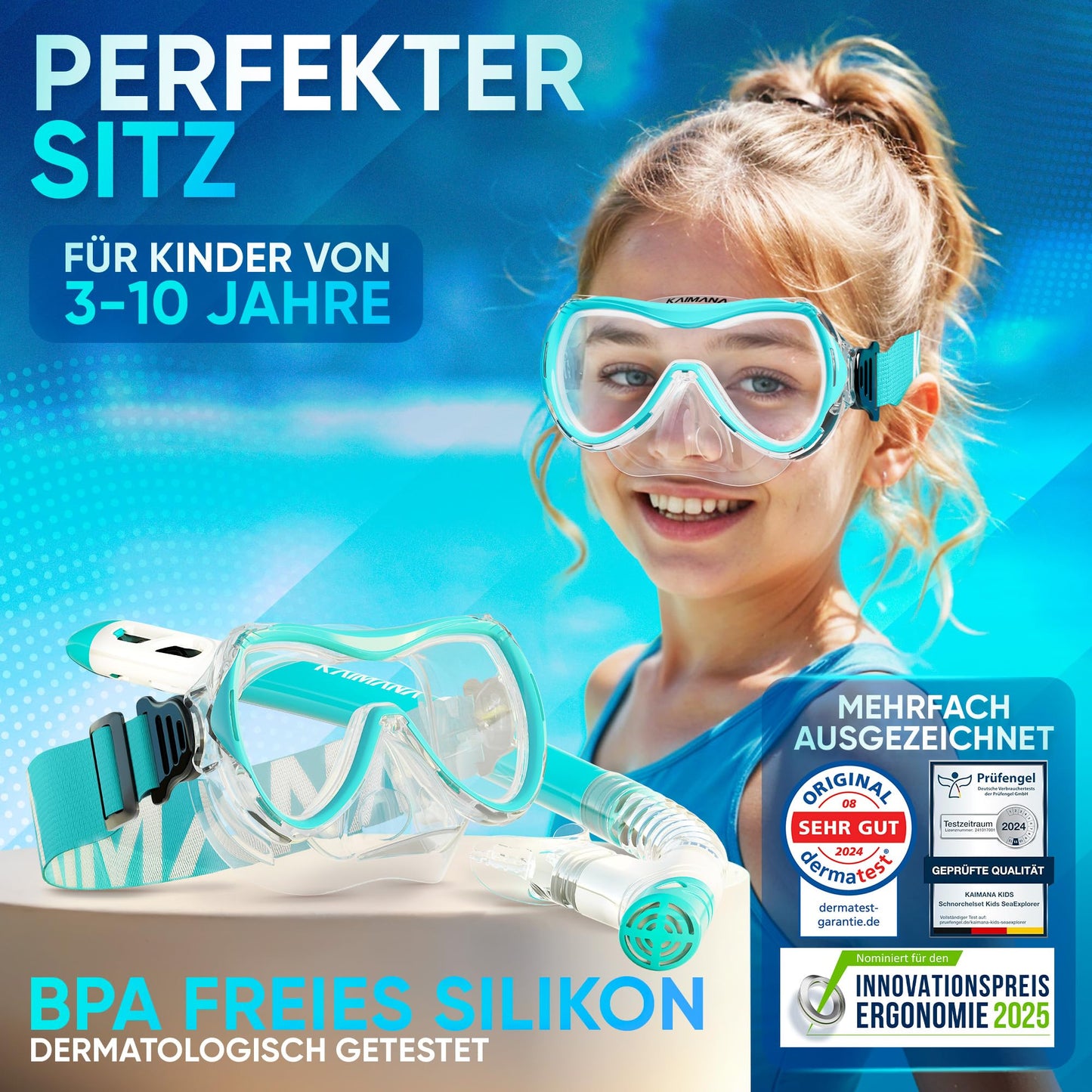 Das Neue KAIMANA® SeaExplorer Schnorchelset Kinder + Tragetasche, Taucherbrille mit Schnorchel, Taucherbrille Kinder, Alternative zur Schnorchelmaske Kinder, Taucherbrille mit Stoffband/Silikonband