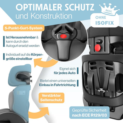 Autokindersitz mit Isofix i-Size R129 100-150cm bis 12 Jahre, Kinderautositz Gruppe 1/2/3, mitwachsender Kindersitz, 5-Punkt-Gurt & höhenverstellbare Kopfstütze, Sitzerhöhung Auto, Schwarz