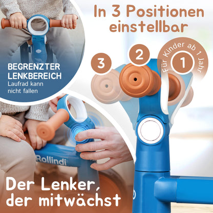 Rollindi Kinder Laufrad ab 1 Jahr [Mitwachsend] Kippsicher Leicht Lauflernrad Baby Fahrrad Rutschauto Jungen und Mädchen von 12-36 Monate | Neues Modell, Blau - Meloni2
