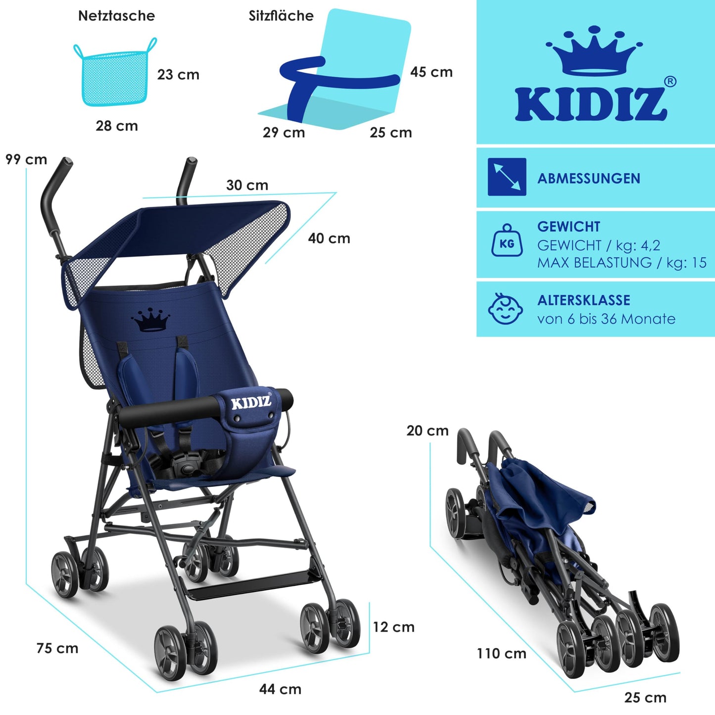 Kinderwagen CITY Buggy Kinderbuggy klappbar Sportwagen Faltbar 360° 4-Zoll-Räder Inkl. Sonnen- und Regenverdeck zusammenklappbar 5-Punkt-Sicherheitsgurt ab 6 Monate, Blau/Navy