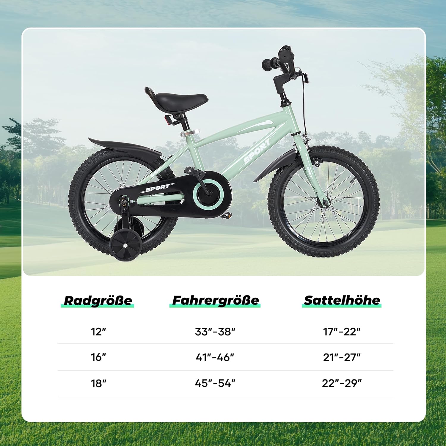 BODIOO Kinderfahrrad 12 Zoll, Fahrrad für Jungen und Mädchen mit Stützrädern, robustem Rahmen, verstellbarem Sitz, Rücktritt- und Handbremse, geeignet für Fahrer von 83 bis 96 cm (Minzgrau) - Meloni2