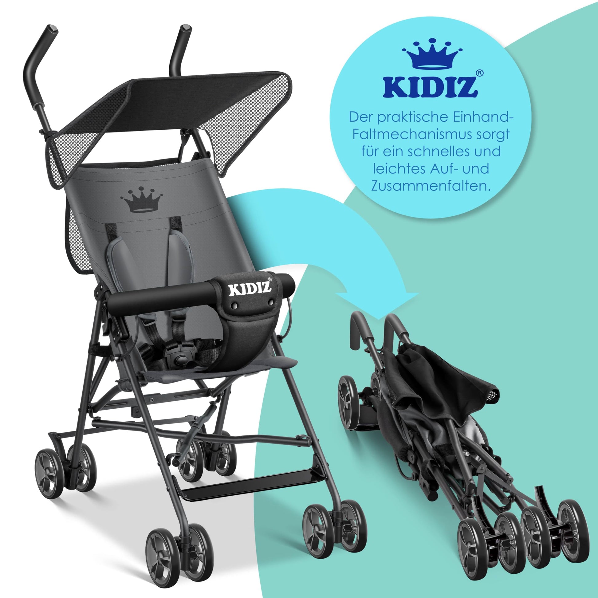 KIDIZ® City Buggy Foldable 360° 4 Inch Wheels Including Sun and Rain Cover Foldable 5-Point Safety Belt from 6 Months Anthracite - Meloni2