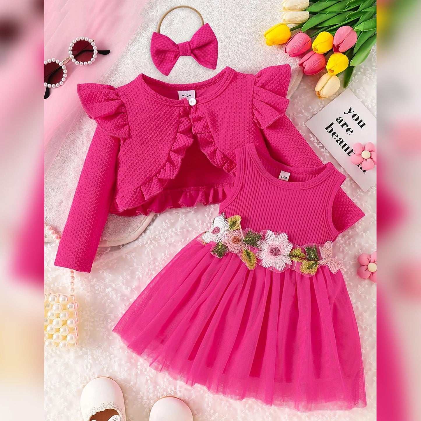 Baby Mädchen Kleid Strickjacke Sets 3 Stück Neugeborene Kleidung Jäckchen + Kleid + Stirnband Frühling Sommer Herbst Winter Langarm Jacke Ärmelloses Kleid für Hochzeit Weihnachten