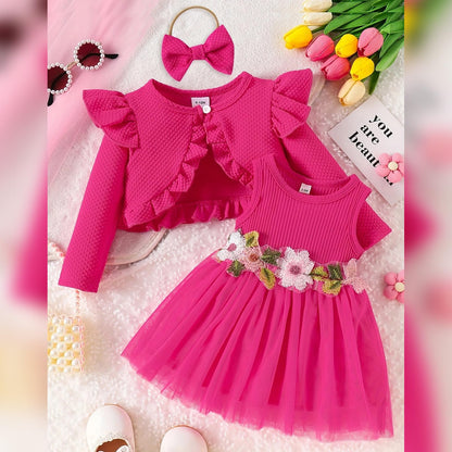 Baby Mädchen Kleid Strickjacke Sets 3 Stück Neugeborene Kleidung Jäckchen + Kleid + Stirnband Frühling Sommer Herbst Winter Langarm Jacke Ärmelloses Kleid für Hochzeit Weihnachten