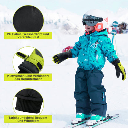 ThxToms Children's Ski Gloves, Winter Snow Ski Gloves, -15°C, Windproof, Waterproof, Warm, PU Thickened Cold Weather, Outdoor Sports, Snowboarding, Skiing, Bike, for Boys and Girls aged 3-13 Years Old