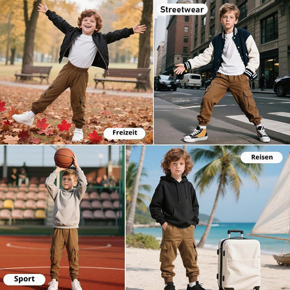 Cargohose Jungen Elastische Taille Kinder Jogginghose für 6-13 Jahre | Weich Atmungsaktiv Cargo Jogger Hose, Taschen, Frühling Herbst Sporthose Freizeithose, Outdoor Streetwear, Gr.116-158