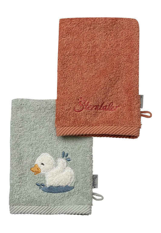 Sterntaler 2er Pack Waschhandschuhe aus uni Frottee Ente Edda Lou mit Stickerei und Logo Schriftzug,