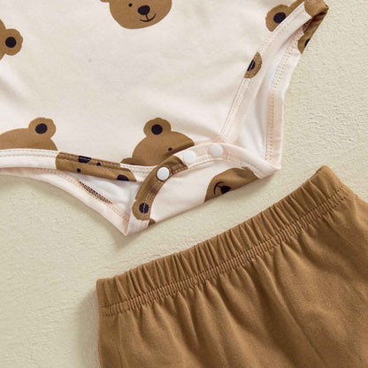 Newborn Baby Bear Print Romper Short Sleeve Long Pants Hat Shoes Set of 4