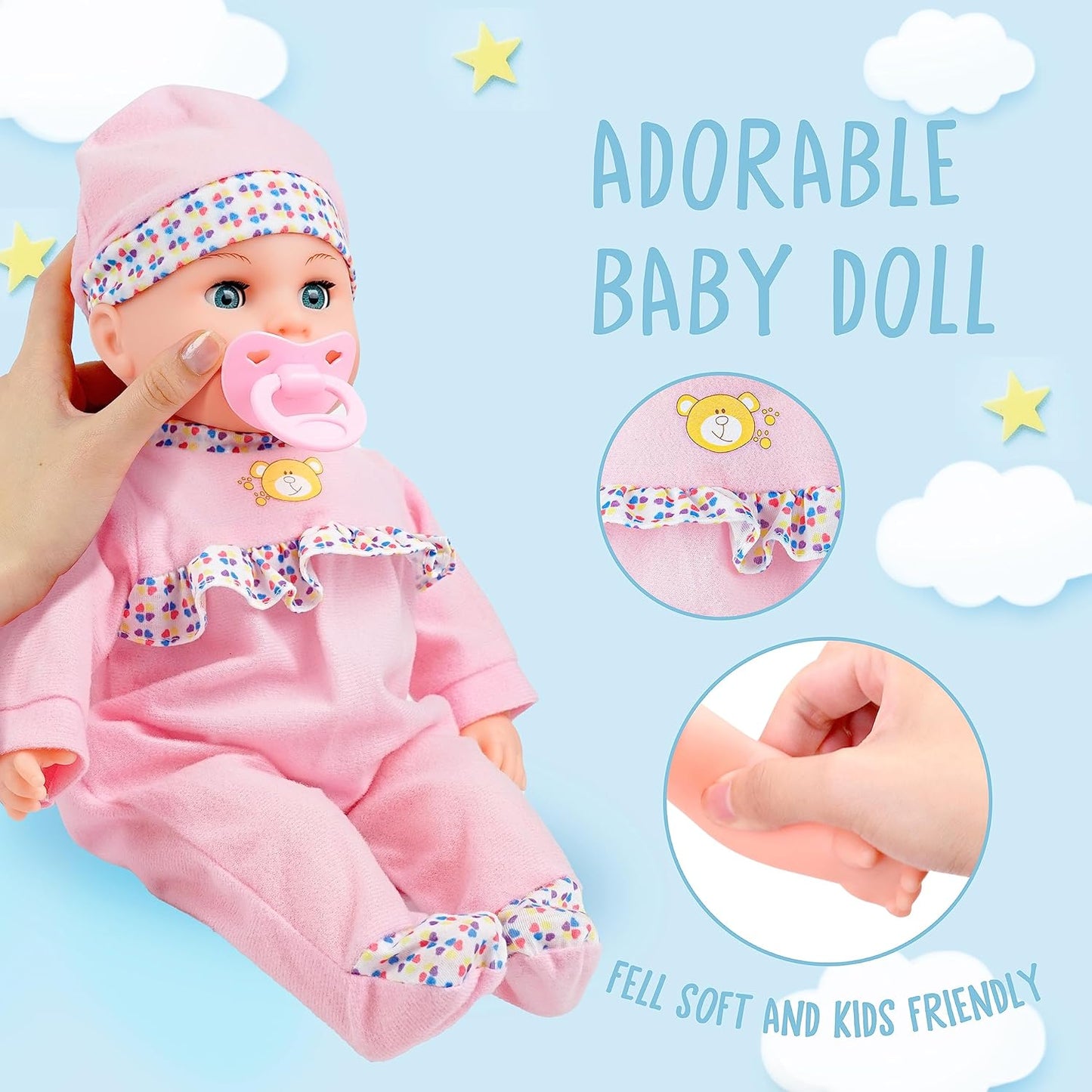 Toy Choi's Baby Puppe – Sprechende 40cm Puppen für Mädchen ab 2 Jahren mit Geräuschen und lustigem Fütterungszubehör, weiches Babypuppen Spielzeug für Kleinkinder und Kinder