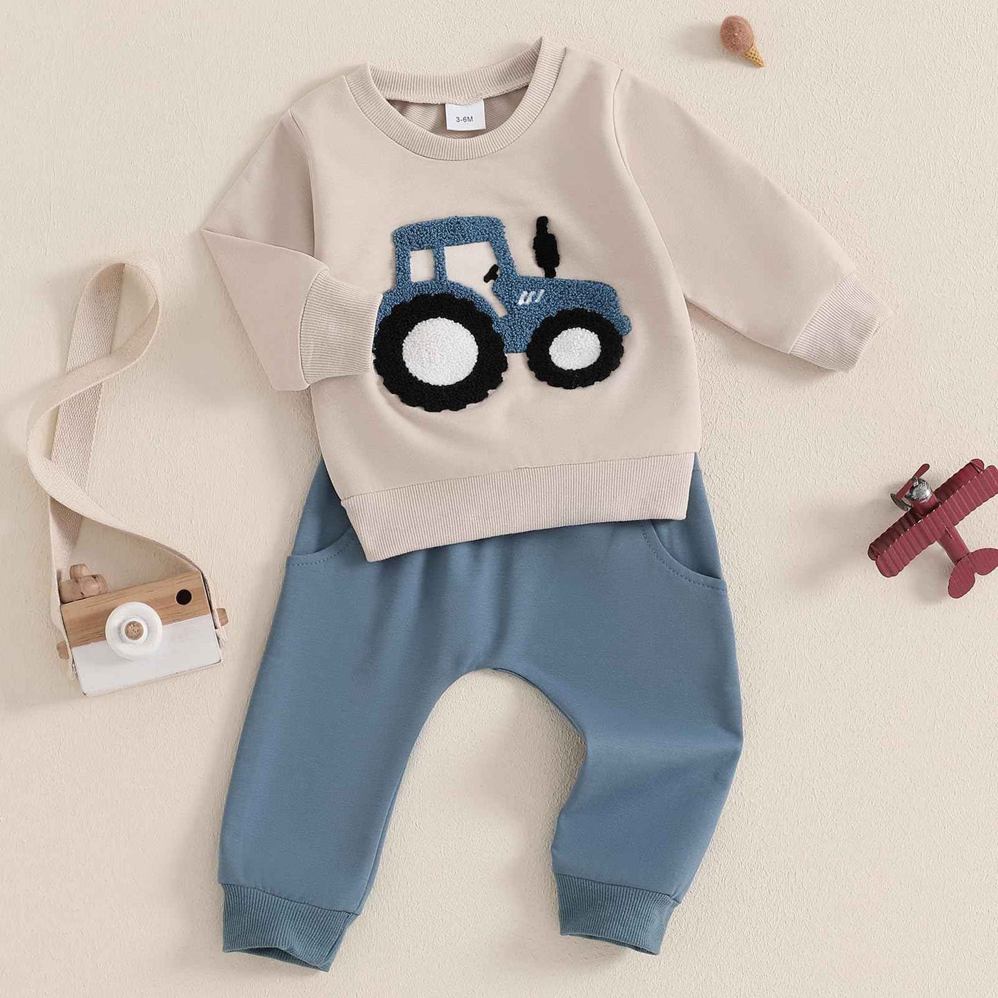 Xeadoffubio Baby Boys' Spring Outfit, Tractor/Car Print Tracksuits, Long Sleeve Car Print Sweatshirts + Elastic Drawstring Trousers, 2-Piece Sports Clothing Set, Soft Tractor Outfits