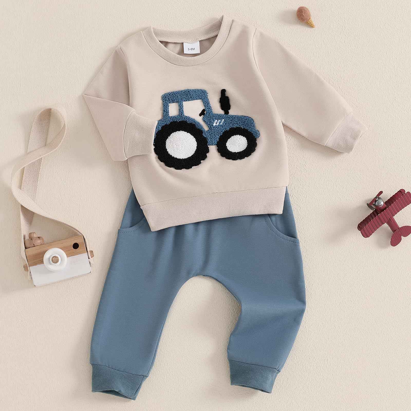 Xeadoffubio Baby Boys' Spring Outfit, Tractor/Car Print Tracksuits, Long Sleeve Car Print Sweatshirts + Elastic Drawstring Trousers, 2-Piece Sports Clothing Set, Soft Tractor Outfits