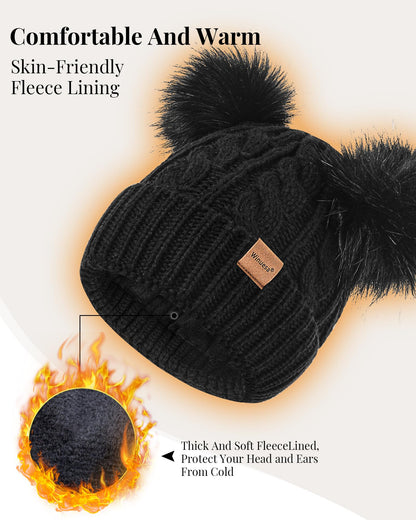 Winuesa Mütze, Schal & Handschuh-Sets für Damen, Beanie Mütze Damen Winter mit Bommel Fleece Gefütterte, Touchscreen Handschuhe Schal Cap 3 in 1 Set