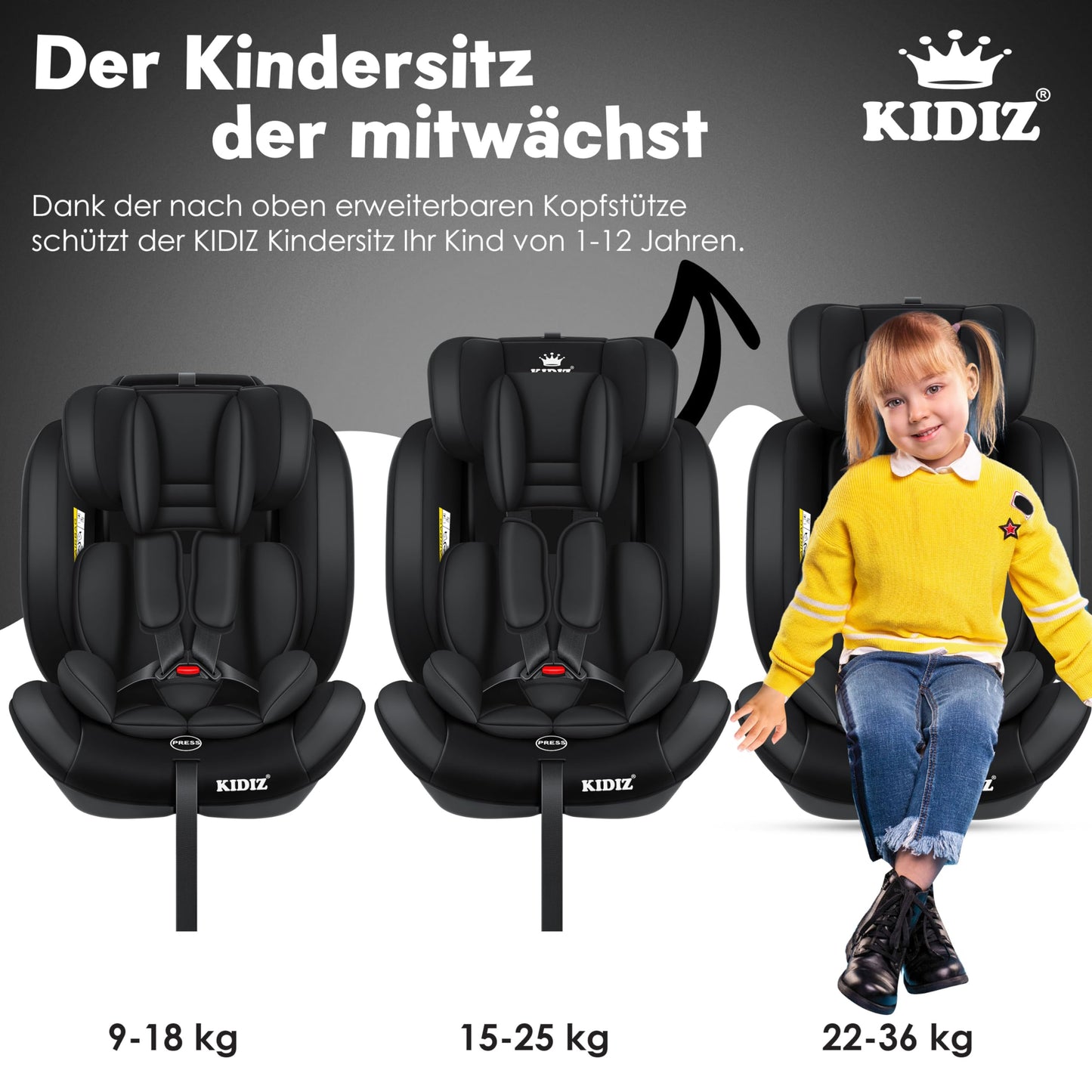 KIDIZ® Autokindersitz Kinderautositz Gruppe 1+2+3 9-36 kg 5-Punkt-Sicherheitsgurt, Autositz, Kindersitz, Einstellbare Kopfstütze, Mitwachsende Sitzerhöhung 1-12 Jahre, Stabil und Sicher - Meloni2