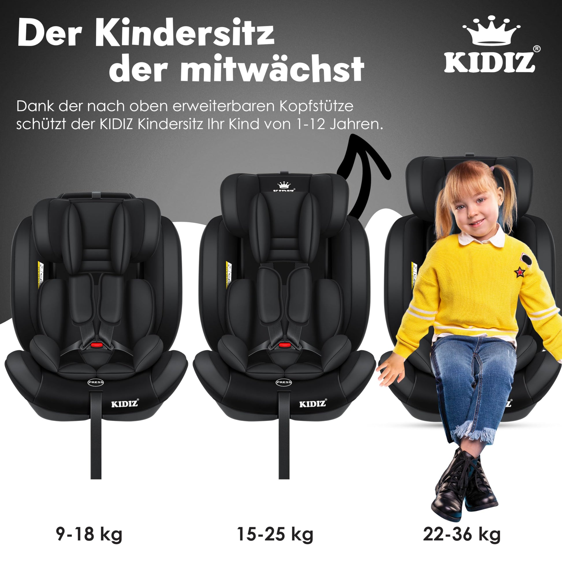 KIDIZ® Autokindersitz Kinderautositz Gruppe 1+2+3 9-36 kg 5-Punkt-Sicherheitsgurt, Autositz, Kindersitz, Einstellbare Kopfstütze, Mitwachsende Sitzerhöhung 1-12 Jahre, Stabil und Sicher - Meloni2