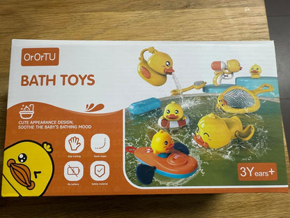 Badespielzeug-Set für Kinder, 7-teilig, Gelbe Enten mit Wassersprüher, Spiegel und Boot