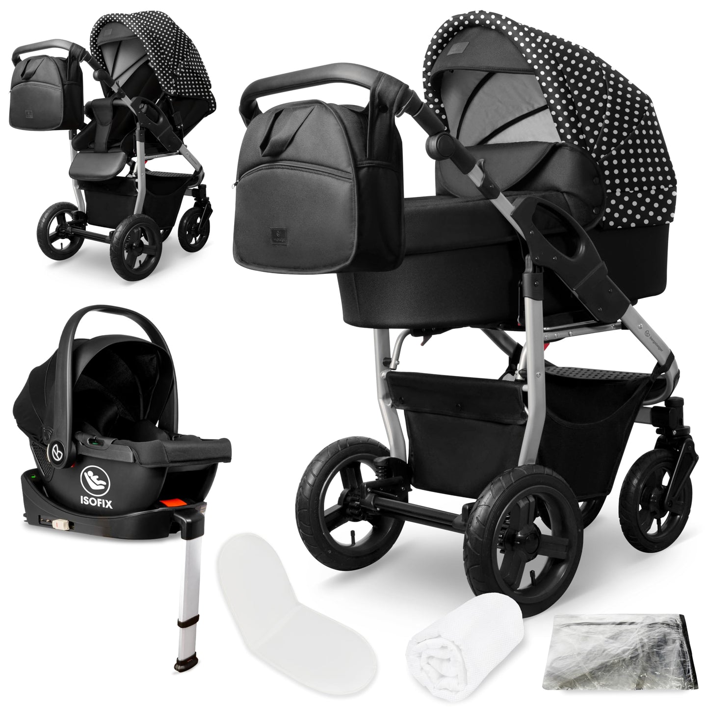 Bergsteiger Capri 3-in-1 Combination Pushchair - Baby Carrier, Sports Seat & i-Size Baby Seat, Pneumatic Tyres, Suspension, Height-Adjustable Handle, Foldable, Accessories